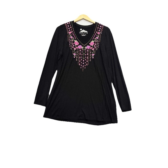 sahalie Tops - SAHALIE Womens‎ Embroidered Top Size Large Black Bohemian Hippie Gypsy Long Slv